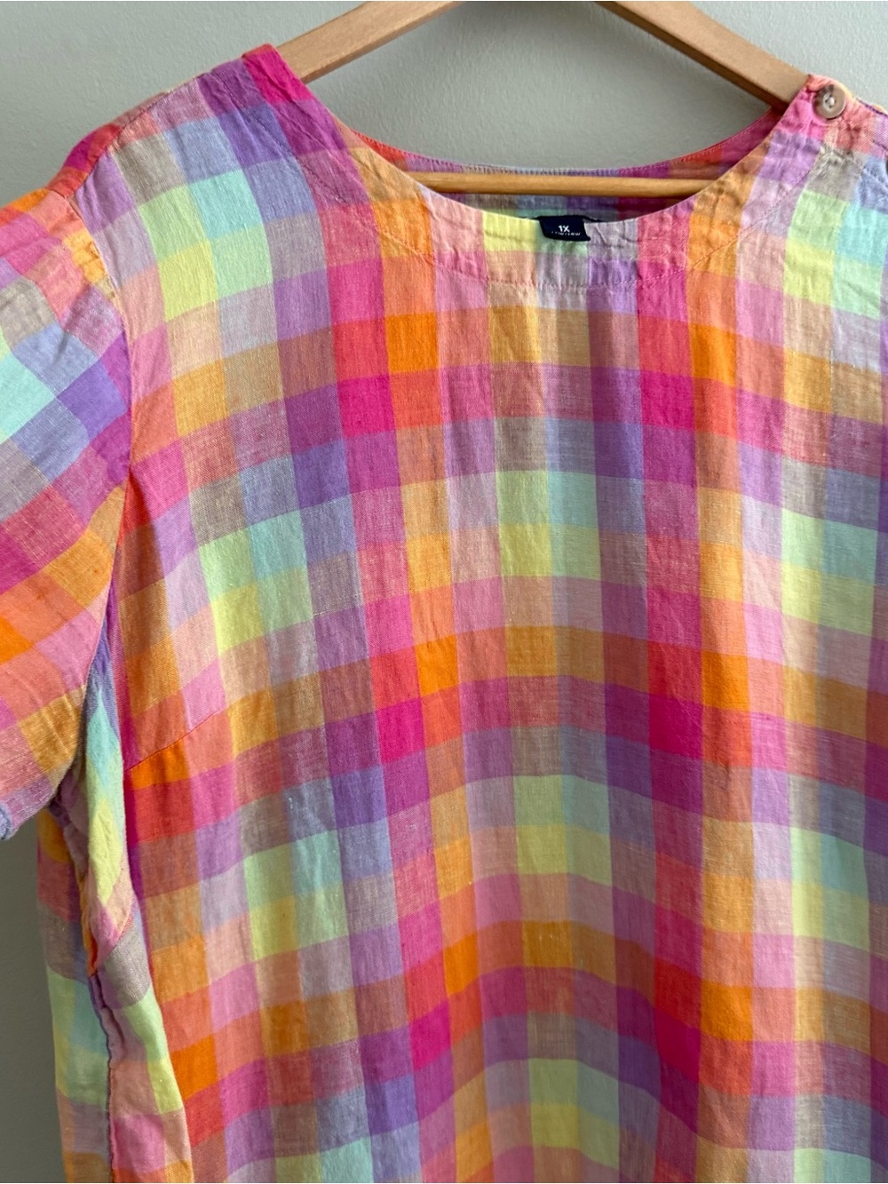 Lands End Linen Colorful Madras Plaid Short Sleeve Top women’s size 1X - Picture 4 of 6